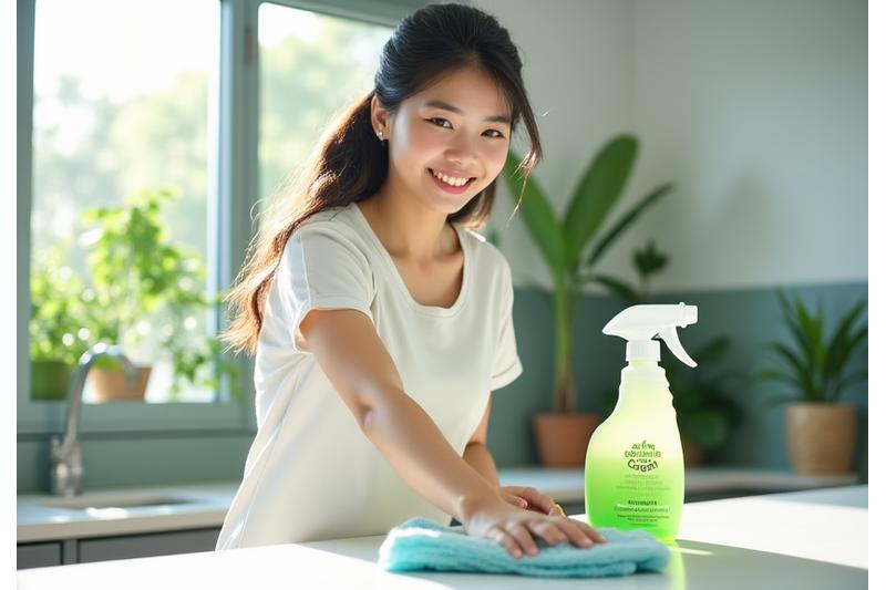 친환경 세제와 재사용 도구를 이용해 청소하는 모습