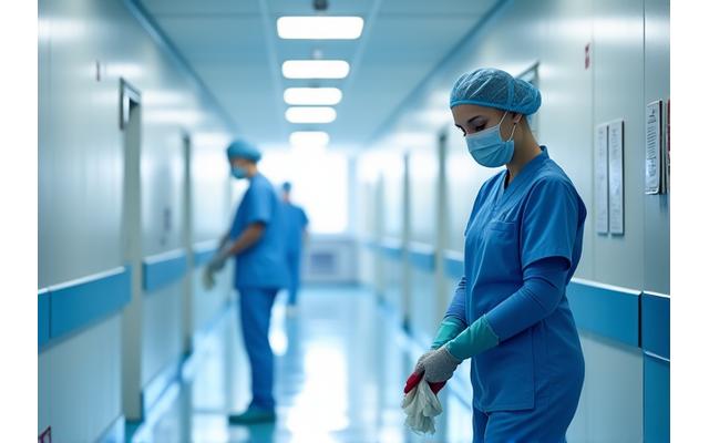 살균 처리 중인 의료 시설 복도