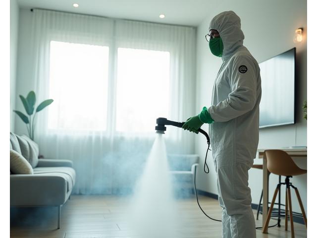 전문 청소복을 입은 직원이 ULV 초저용량 분무기를 사용하여 실내 공간 전체에 소독액을 분사하는 모습. 희뿌연 안개처럼 퍼지는 소독액이 공간을 채우고 있다.