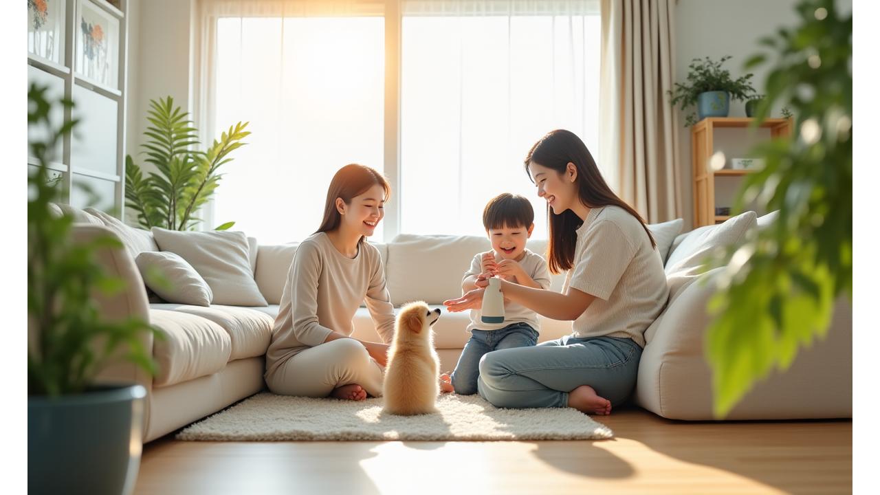 행복하게 웃는 아이와 부모가 깨끗한 집에서 친환경 청소 도구와 함께 있는 모습