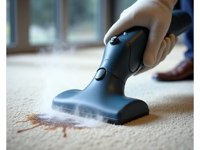 휴대용 스팀 클리너로 카펫 얼룩 제거하는 모습