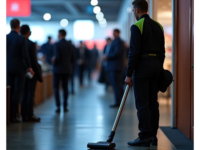 저소음 청소기로 행사 중 조용히 청소하는 모습