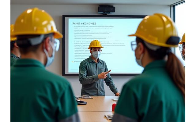 작업자들이 산업 안전 교육을 받고 있는 모습