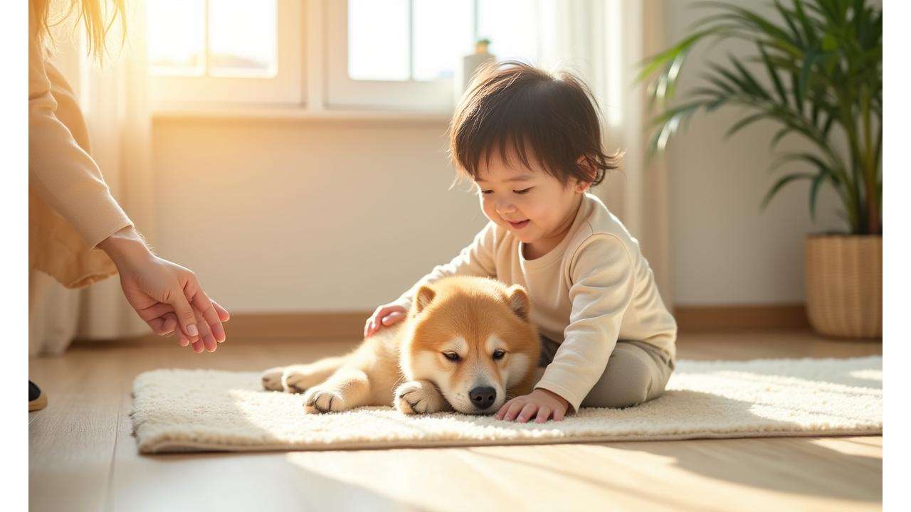 밝은 거실에서 아이가 매트 위에서 아빠와 놀고 있는 모습