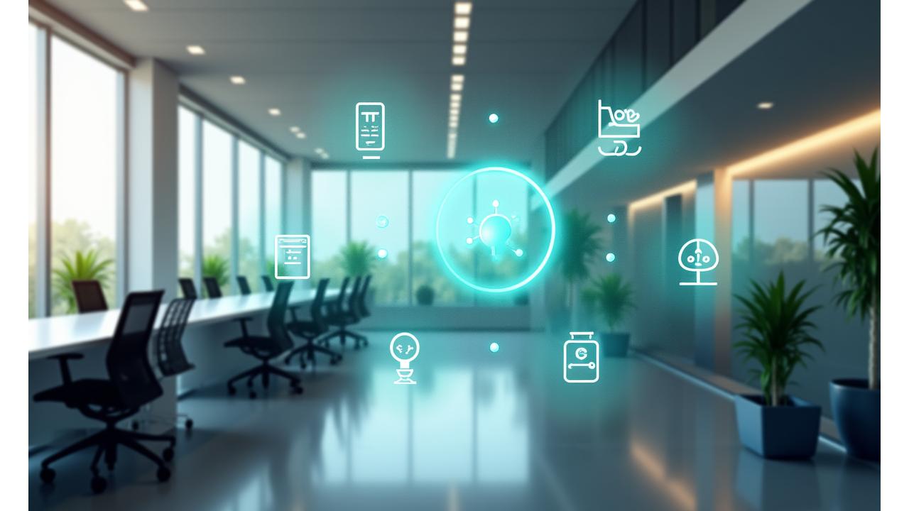 스마트 오피스 환경에서 공기질, 사용량 센서 아이콘과 실시간 데이터 대시보드를 보여주는 이미지