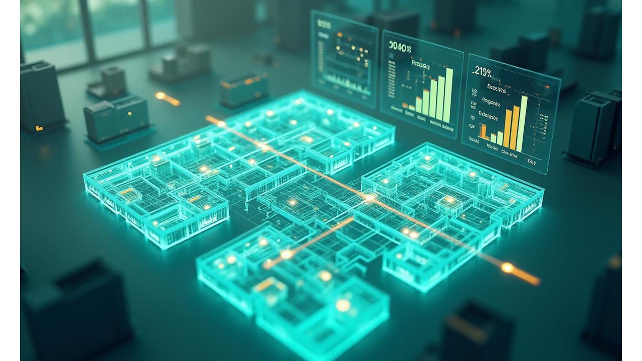 스마트 빌딩의 평면도에 예측 청소 알고리즘이 적용된 데이터 시각화 그래픽, 비용 절감 그래프