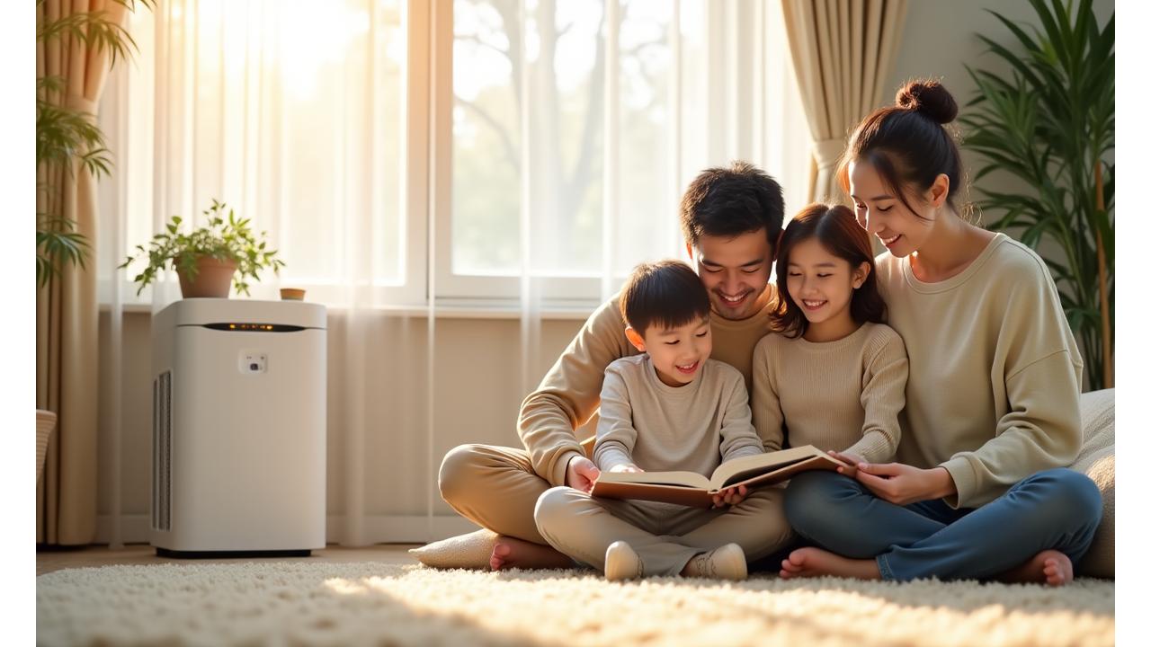 깨끗하고 밝은 거실에서 아이와 함께 책을 읽는 행복한 가족의 모습, 공기청정기가 희미하게 보이며 신선한 공기를 상징