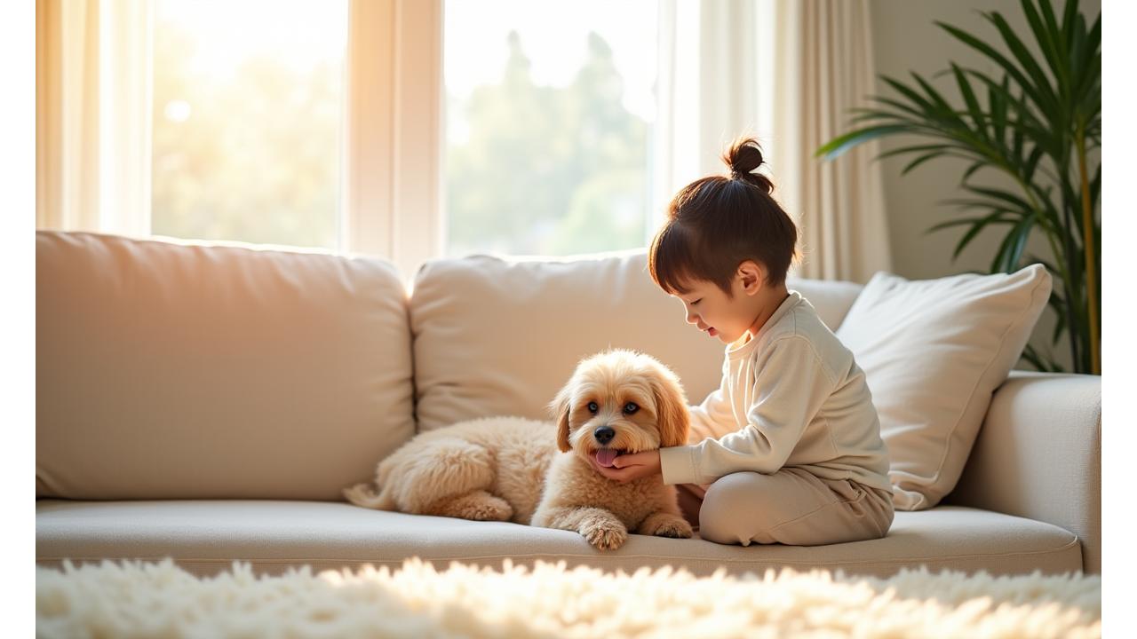 밝고 깨끗하게 청소된 베이지색 소파와 부드러운 카펫에 아이와 반려동물이 평화롭게 쉬고 있는 모습