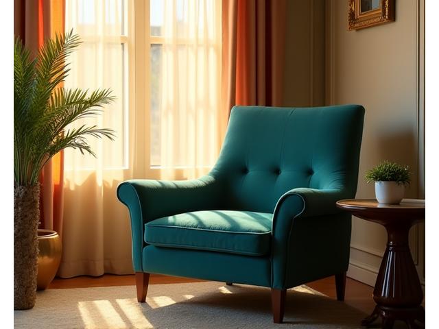 햇빛이 드는 창가에 놓인 소파가 자외선 차단 코팅으로 보호되어 색상이 선명하게 유지되는 모습