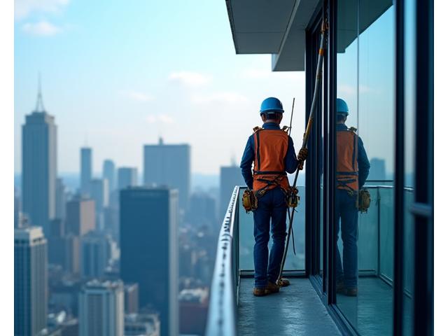 아파트 고층 발코니 창문을 청소하는 모습