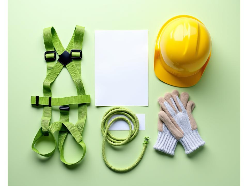 창문 청소 고소작업 안전 장비들: 하네스, 로프, 안전모, 장갑