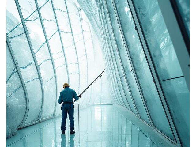 아트리움 유리 지붕을 청소하는 모습